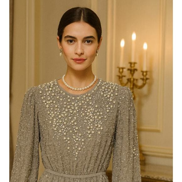 ASOS Silver Pearl Embellished Beaded Cocktail Mini Dress Long Sleeve Party 0 - Picture 8 of 8